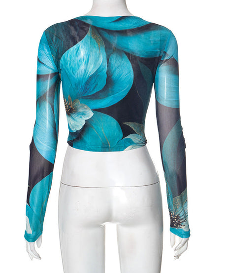 Trendy Fall Bloom Mesh Long Sleeve Crop Top - Chic Teal Floral Statement Piece