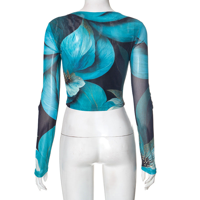 Trendy Fall Bloom Mesh Long Sleeve Crop Top - Chic Teal Floral Statement Piece