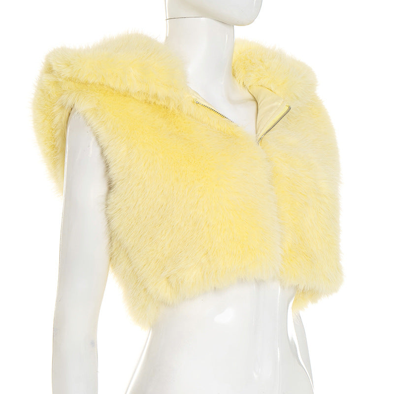 Radiant Yellow Faux Fur Vest | Cozy Zip-Up Fall Layer for American Women
