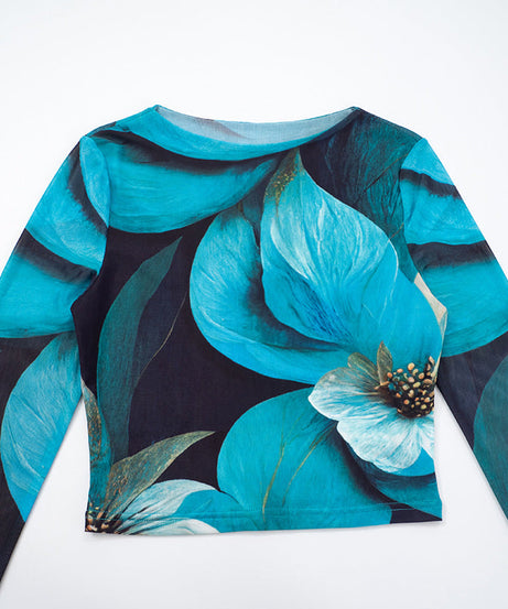 Trendy Fall Bloom Mesh Long Sleeve Crop Top - Chic Teal Floral Statement Piece