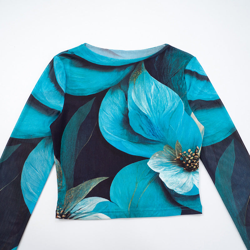 Trendy Fall Bloom Mesh Long Sleeve Crop Top - Chic Teal Floral Statement Piece