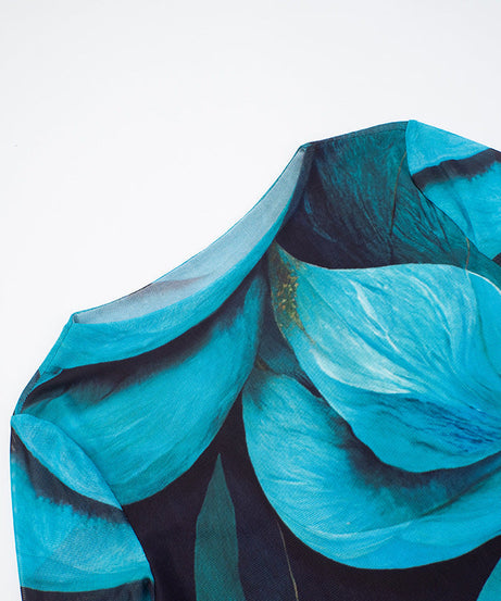 Trendy Fall Bloom Mesh Long Sleeve Crop Top - Chic Teal Floral Statement Piece