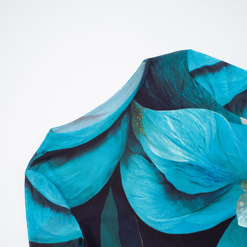 Trendy Fall Bloom Mesh Long Sleeve Crop Top - Chic Teal Floral Statement Piece