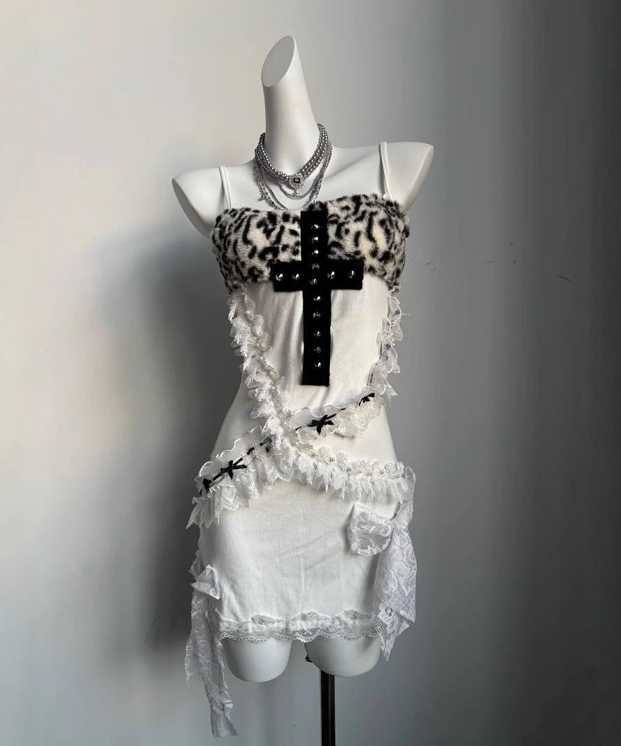 Fierce Leopard & Studded Cross Cami Mini Dress - Halloween & Fall Party Ready