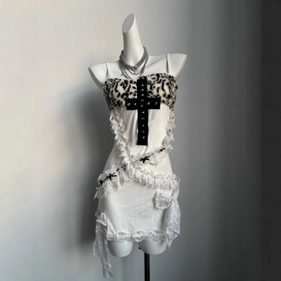Fierce Leopard & Studded Cross Cami Mini Dress - Halloween & Fall Party Ready