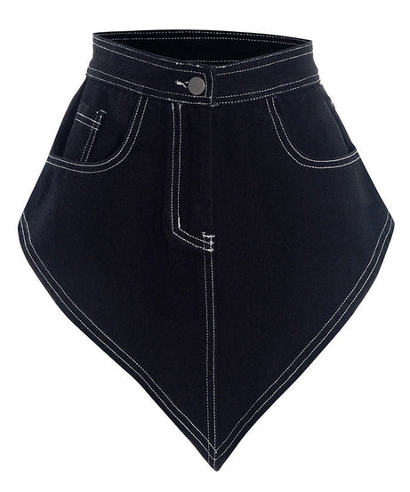 Fall Chic: Women's Asymmetrical Denim-Look Mini Skirt with Contrast Stitching | Trendy Handkerchief Hem