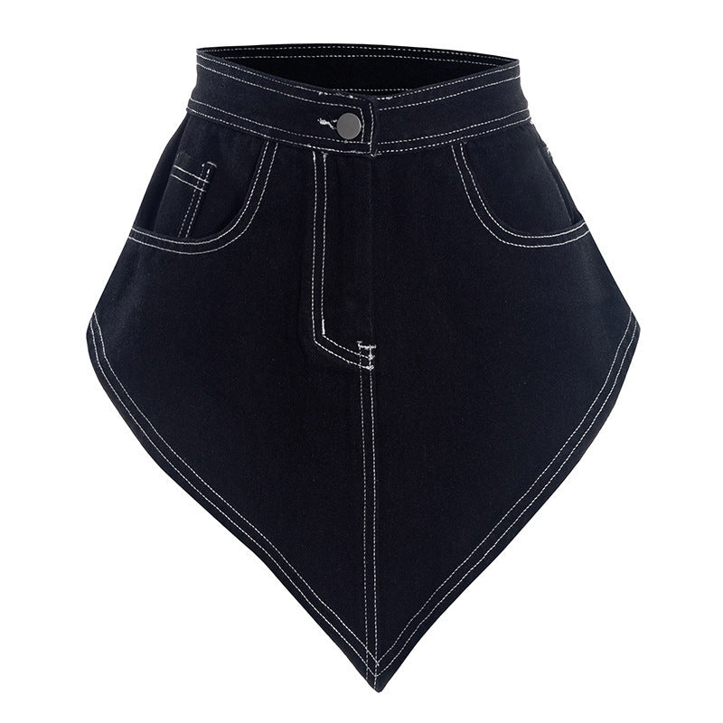 Fall Chic: Women's Asymmetrical Denim-Look Mini Skirt with Contrast Stitching | Trendy Handkerchief Hem