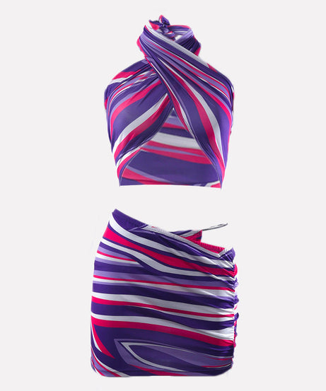 Radiant Sunset Striped Halter Crop Top & Ruched Mini Skirt Set - Your Ultimate Warm Weather Getaway Outfit