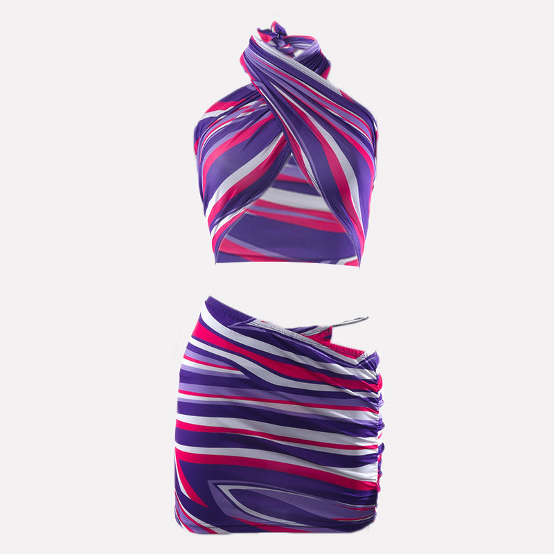 Radiant Sunset Striped Halter Crop Top & Ruched Mini Skirt Set - Your Ultimate Warm Weather Getaway Outfit