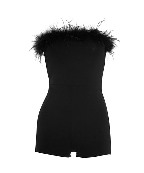 Chic Feather Trim Strapless Romper - Black Playsuit for Fall Parties & Holiday Glam