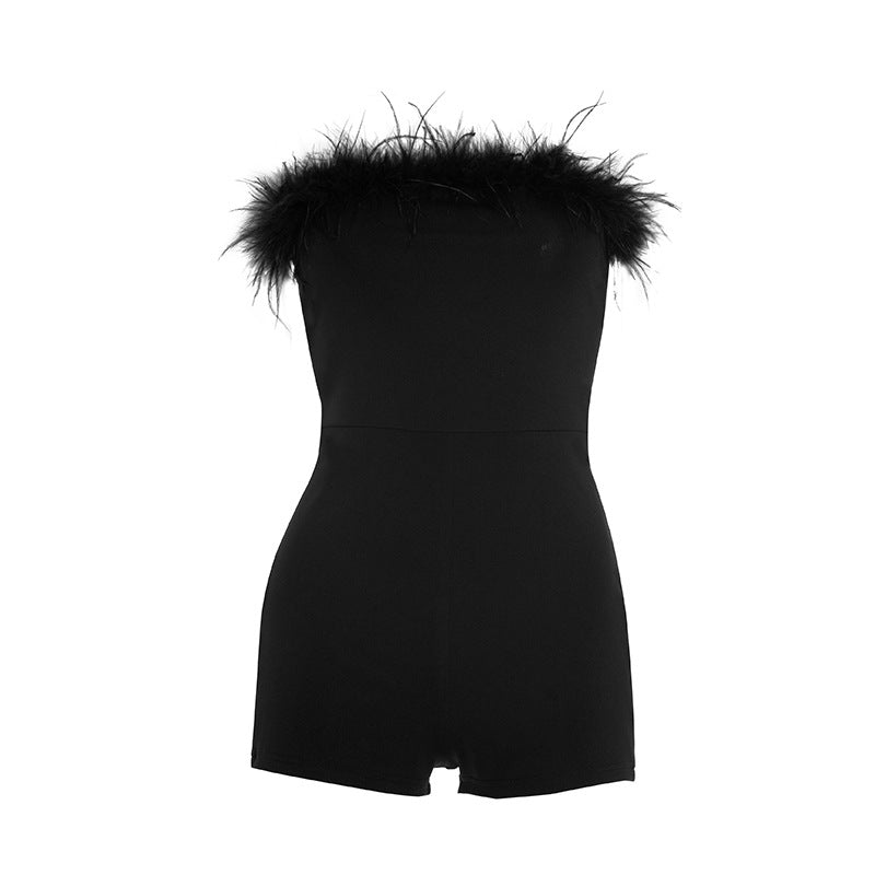 Chic Feather Trim Strapless Romper - Black Playsuit for Fall Parties & Holiday Glam