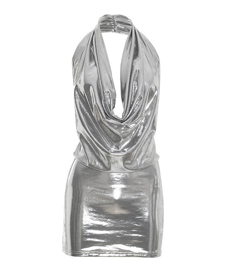 Showstopping Silver Metallic Halter Mini Dress - Cowl Neck & Backless for Holiday Parties & NYE
