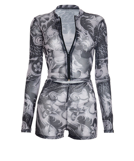 Edgy Tattoo Print Mesh Zip-Up Long Sleeve Crop Top & Shorts Set – Fall Party & Halloween Ready