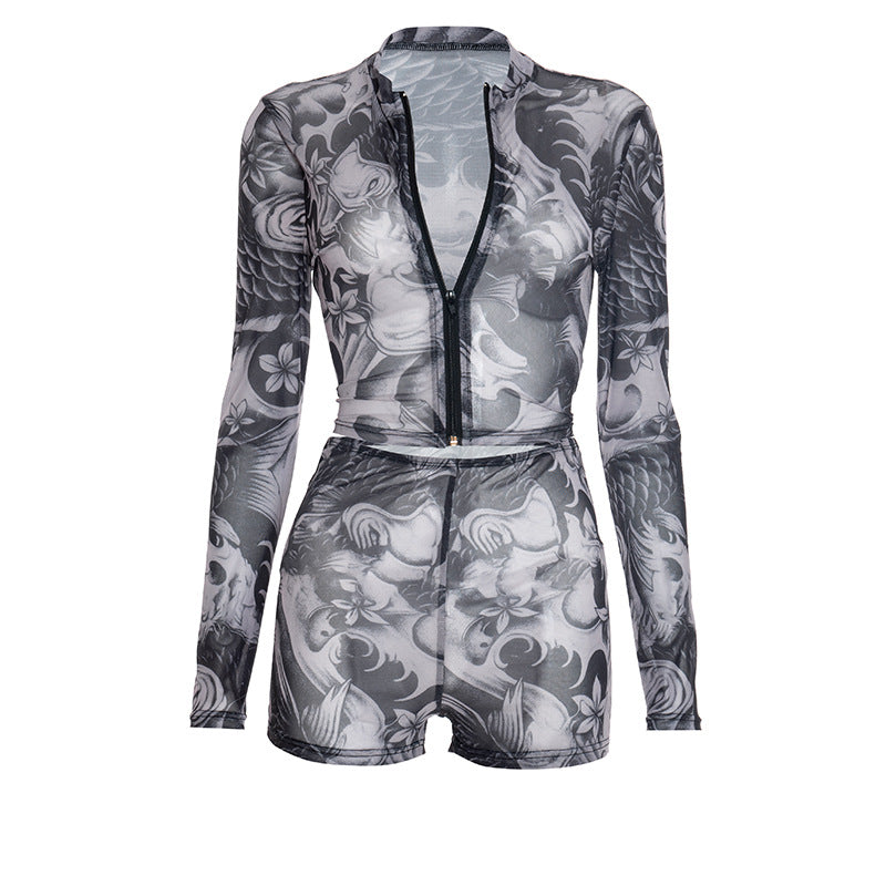 Edgy Tattoo Print Mesh Zip-Up Long Sleeve Crop Top & Shorts Set – Fall Party & Halloween Ready