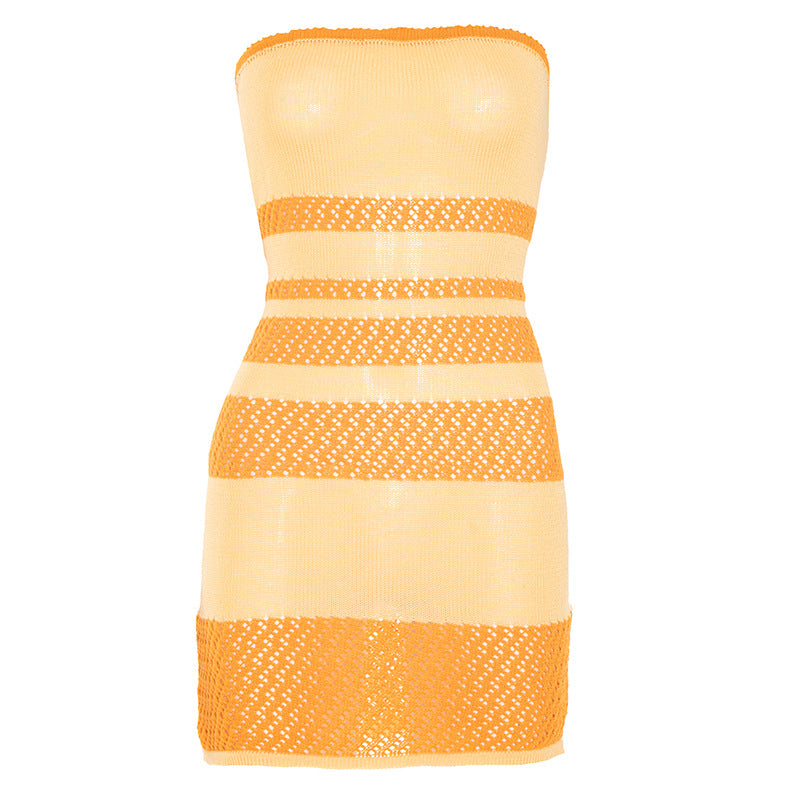 Chic Orange & Cream Stripe Knit Tube Mini Dress - Fall Party & Resort Ready