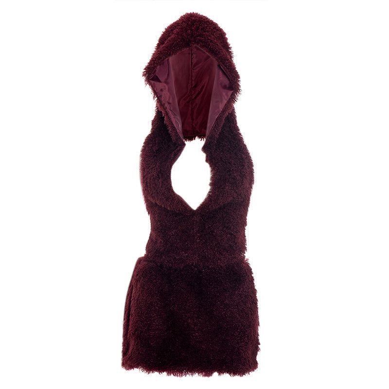 Sultry Plum Plush Hoodie & Mini Skirt Set - Chic Backless Fall & Holiday Party Look