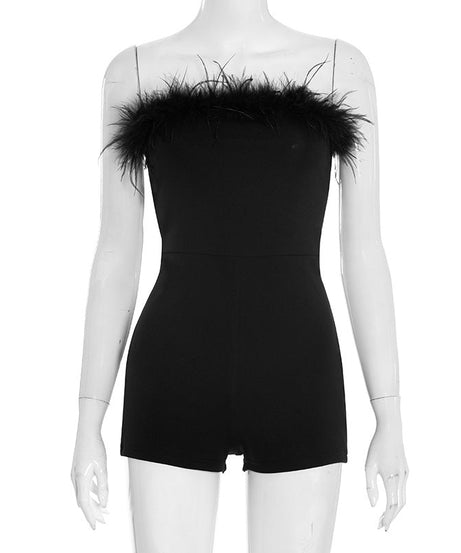 Chic Feather Trim Strapless Romper - Black Playsuit for Fall Parties & Holiday Glam