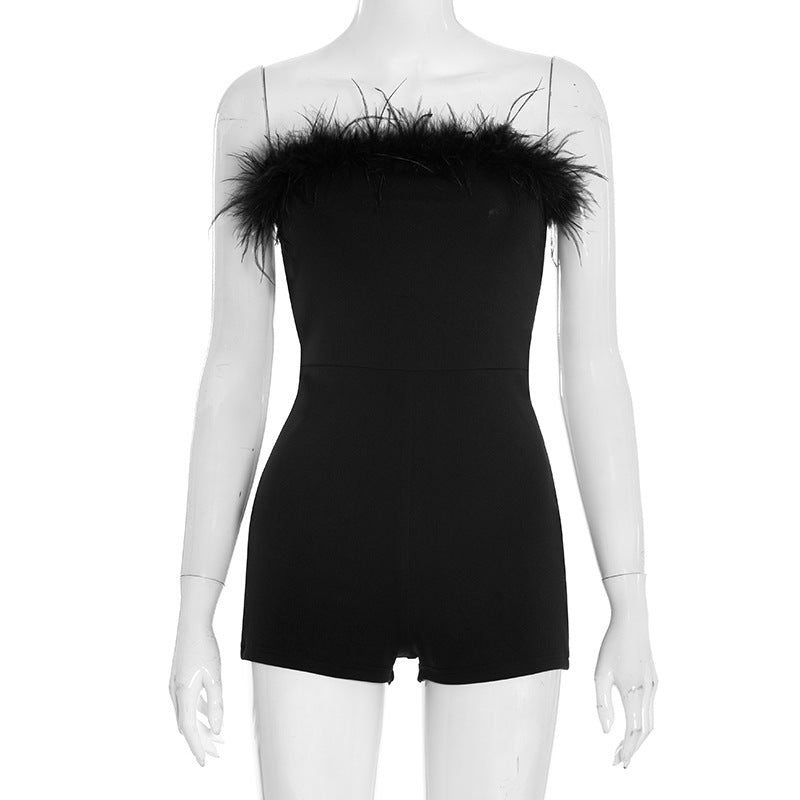 Chic Feather Trim Strapless Romper - Black Playsuit for Fall Parties & Holiday Glam