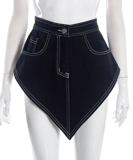 Fall Chic: Women's Asymmetrical Denim-Look Mini Skirt with Contrast Stitching | Trendy Handkerchief Hem