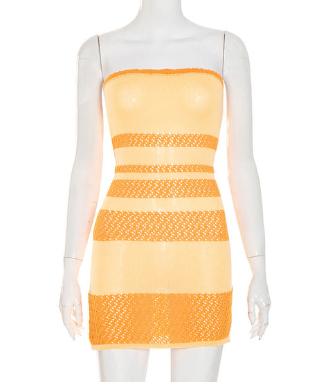 Chic Orange & Cream Stripe Knit Tube Mini Dress - Fall Party & Resort Ready