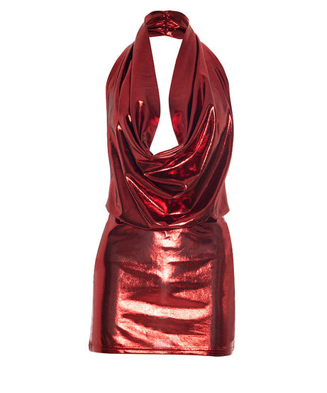 Showstopping Silver Metallic Halter Mini Dress - Cowl Neck & Backless for Holiday Parties & NYE