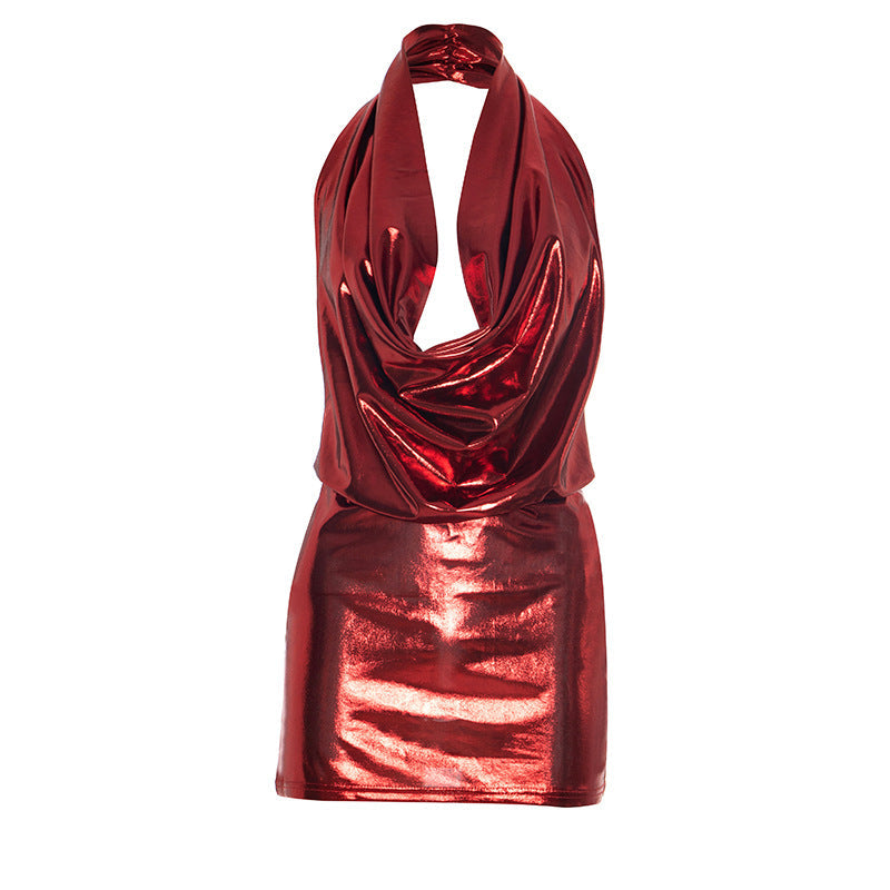 Showstopping Silver Metallic Halter Mini Dress - Cowl Neck & Backless for Holiday Parties & NYE