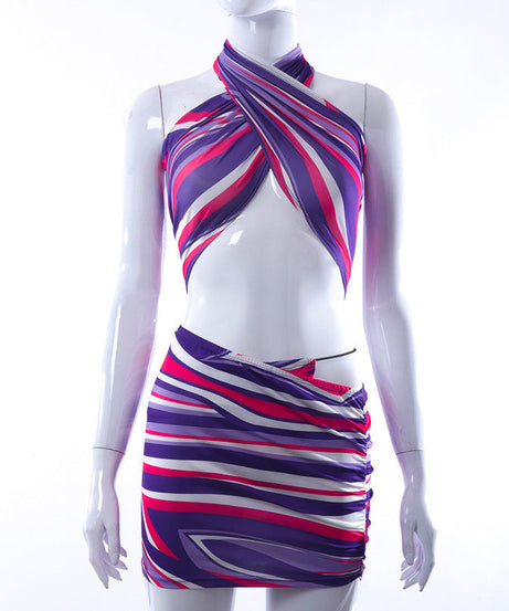 Radiant Sunset Striped Halter Crop Top & Ruched Mini Skirt Set - Your Ultimate Warm Weather Getaway Outfit