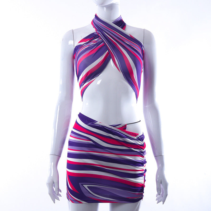 Radiant Sunset Striped Halter Crop Top & Ruched Mini Skirt Set - Your Ultimate Warm Weather Getaway Outfit