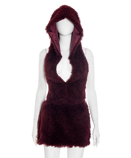 Sultry Plum Plush Hoodie & Mini Skirt Set - Chic Backless Fall & Holiday Party Look