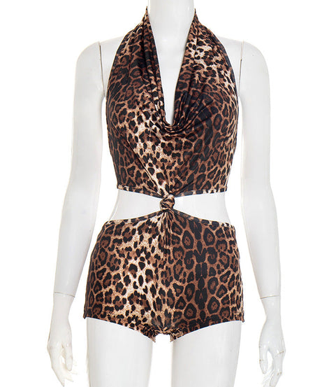 Fierce Leopard Halter Cut-Out Romper – Your Go-To for Fall Parties & Halloween