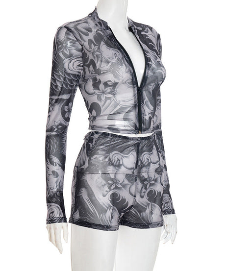 Edgy Tattoo Print Mesh Zip-Up Long Sleeve Crop Top & Shorts Set – Fall Party & Halloween Ready