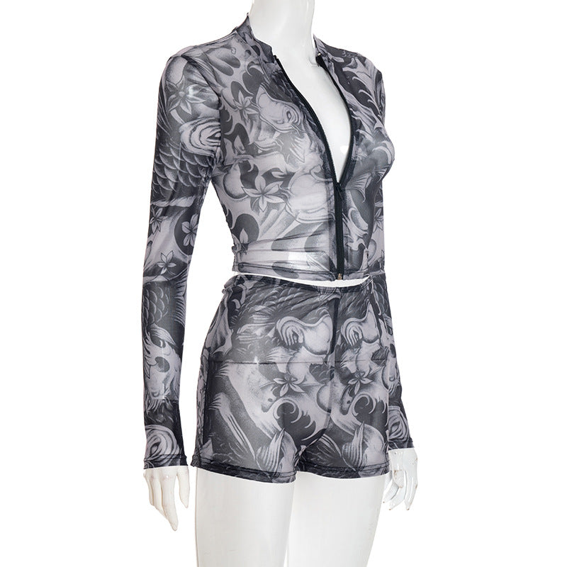 Edgy Tattoo Print Mesh Zip-Up Long Sleeve Crop Top & Shorts Set – Fall Party & Halloween Ready