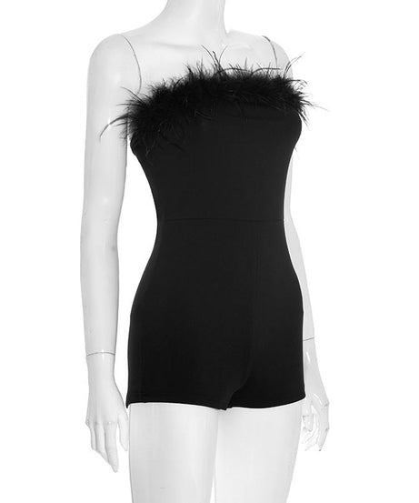 Chic Feather Trim Strapless Romper - Black Playsuit for Fall Parties & Holiday Glam