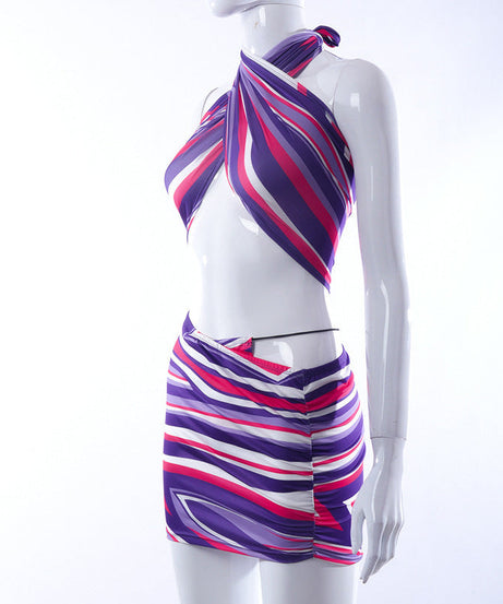 Radiant Sunset Striped Halter Crop Top & Ruched Mini Skirt Set - Your Ultimate Warm Weather Getaway Outfit