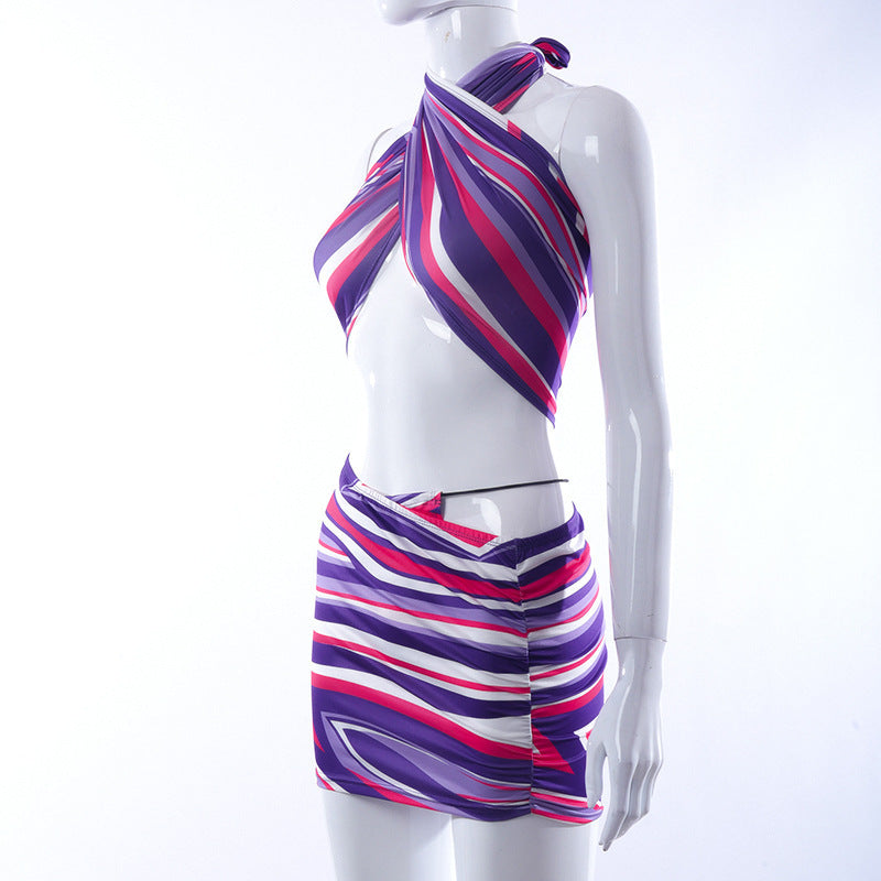 Radiant Sunset Striped Halter Crop Top & Ruched Mini Skirt Set - Your Ultimate Warm Weather Getaway Outfit