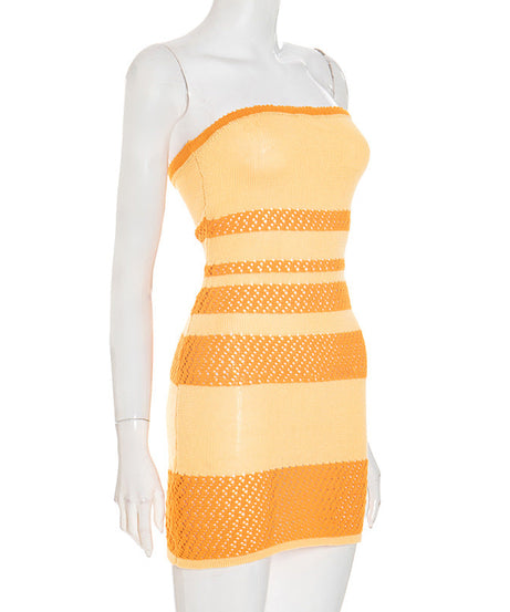 Chic Orange & Cream Stripe Knit Tube Mini Dress - Fall Party & Resort Ready
