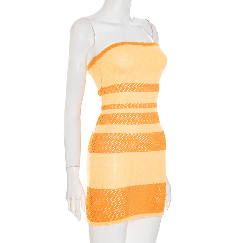 Chic Orange & Cream Stripe Knit Tube Mini Dress - Fall Party & Resort Ready