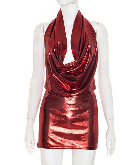 Showstopping Silver Metallic Halter Mini Dress - Cowl Neck & Backless for Holiday Parties & NYE