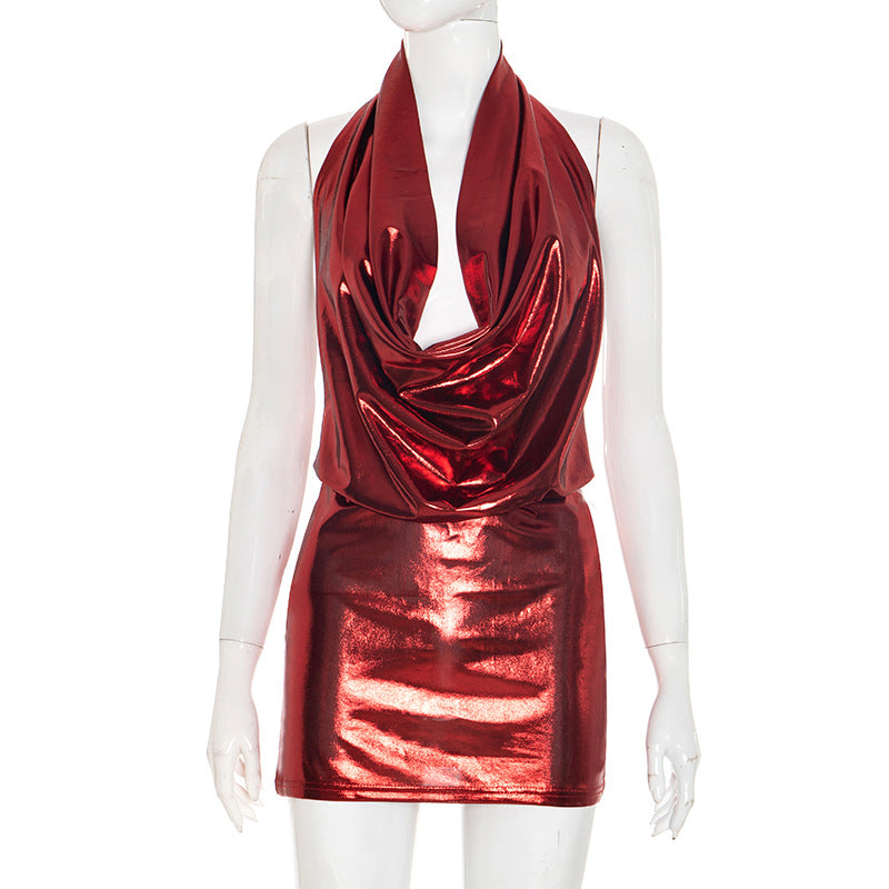 Showstopping Silver Metallic Halter Mini Dress - Cowl Neck & Backless for Holiday Parties & NYE