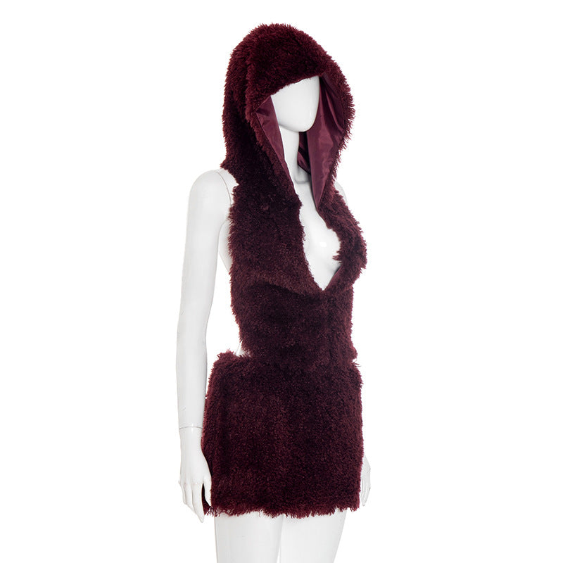 Sultry Plum Plush Hoodie & Mini Skirt Set - Chic Backless Fall & Holiday Party Look