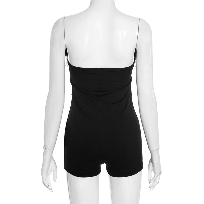 Chic Feather Trim Strapless Romper - Black Playsuit for Fall Parties & Holiday Glam