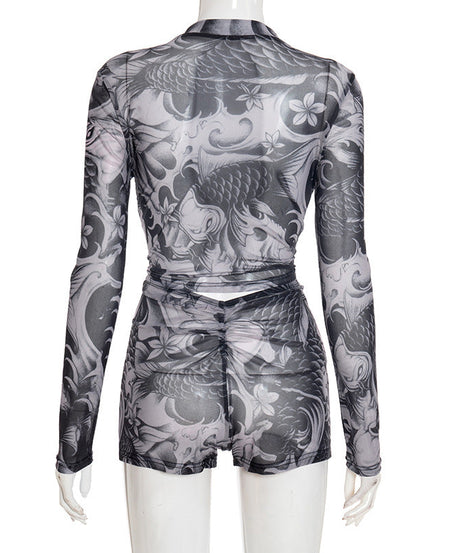 Edgy Tattoo Print Mesh Zip-Up Long Sleeve Crop Top & Shorts Set – Fall Party & Halloween Ready