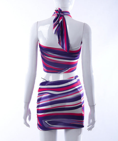Radiant Sunset Striped Halter Crop Top & Ruched Mini Skirt Set - Your Ultimate Warm Weather Getaway Outfit