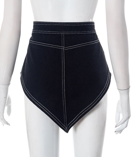 Fall Chic: Women's Asymmetrical Denim-Look Mini Skirt with Contrast Stitching | Trendy Handkerchief Hem