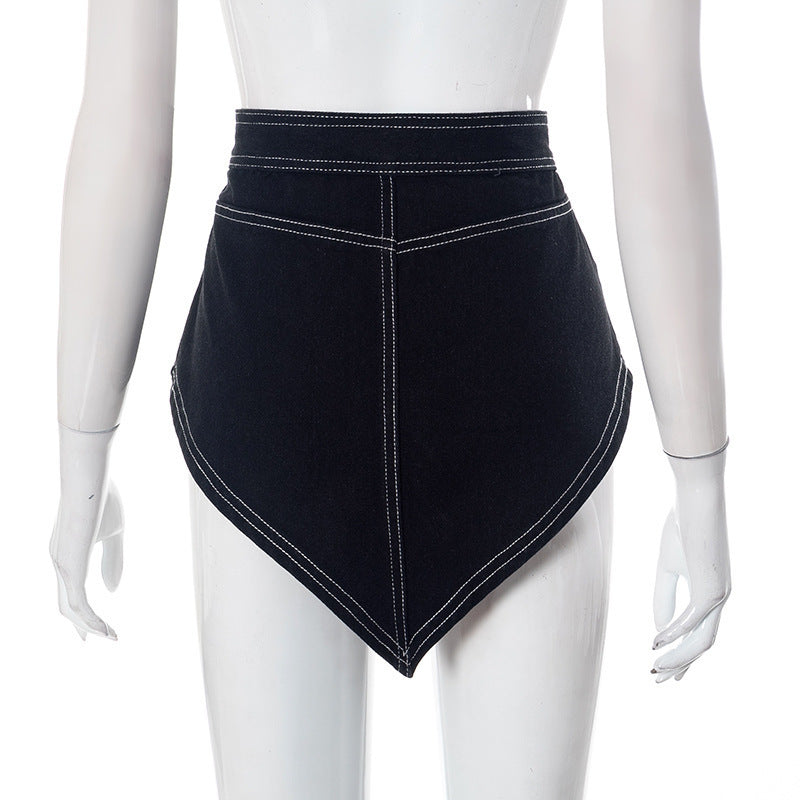 Fall Chic: Women's Asymmetrical Denim-Look Mini Skirt with Contrast Stitching | Trendy Handkerchief Hem