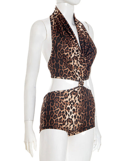 Fierce Leopard Halter Cut-Out Romper – Your Go-To for Fall Parties & Halloween