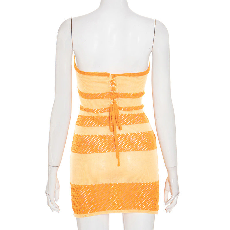 Chic Orange & Cream Stripe Knit Tube Mini Dress - Fall Party & Resort Ready