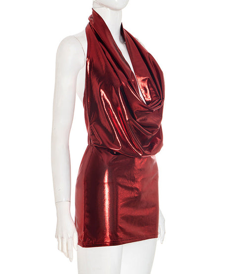Showstopping Silver Metallic Halter Mini Dress - Cowl Neck & Backless for Holiday Parties & NYE