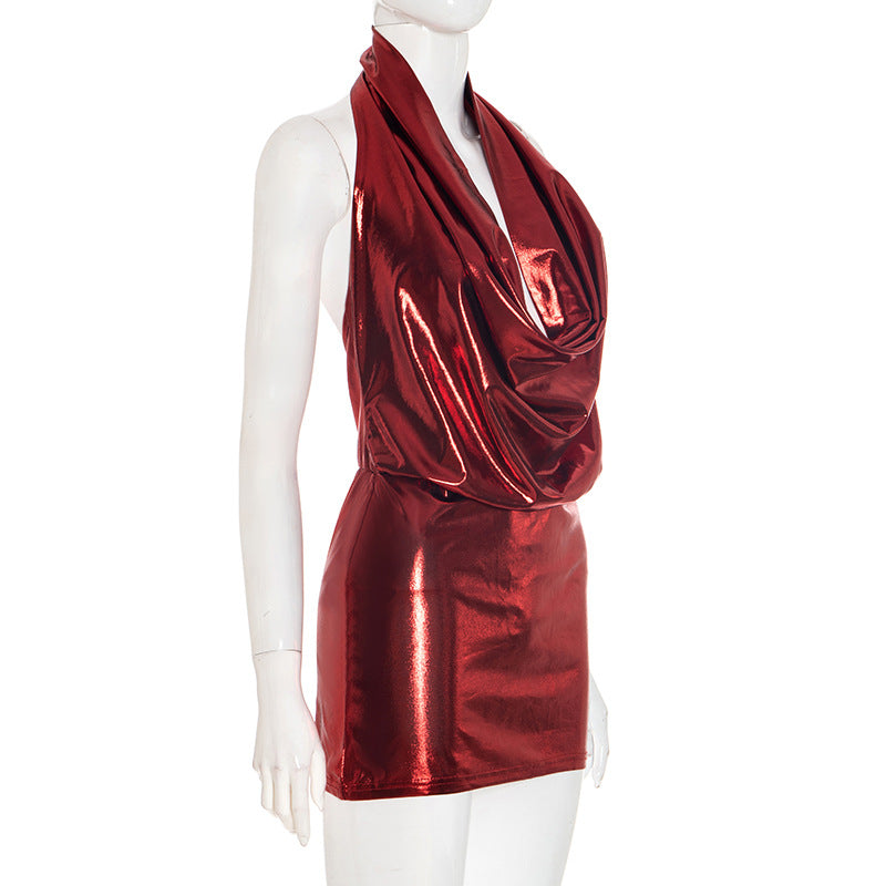 Showstopping Silver Metallic Halter Mini Dress - Cowl Neck & Backless for Holiday Parties & NYE