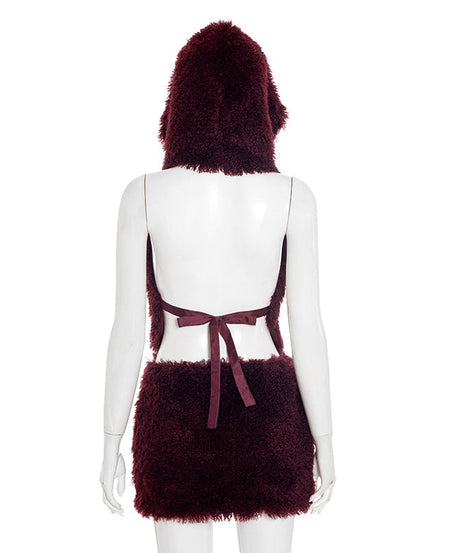 Sultry Plum Plush Hoodie & Mini Skirt Set - Chic Backless Fall & Holiday Party Look